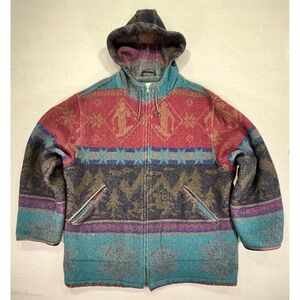 Vintage L.L. Bean Men's Large Wool Aztec Nordic Ski Chore Jacket Full Zip Hooded